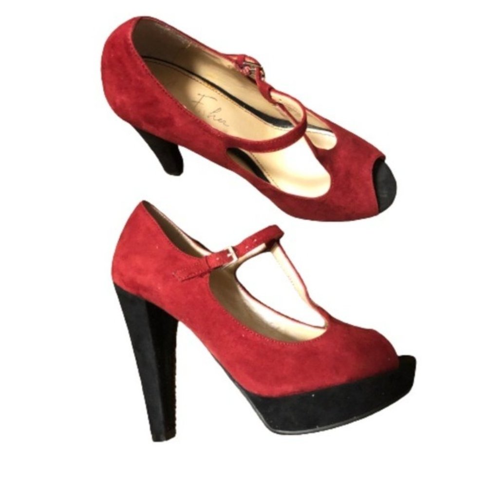 Marc Fisher Red Toby3 T-Strap Heel Size 5 Platforms Shoes Casual Party Shoes